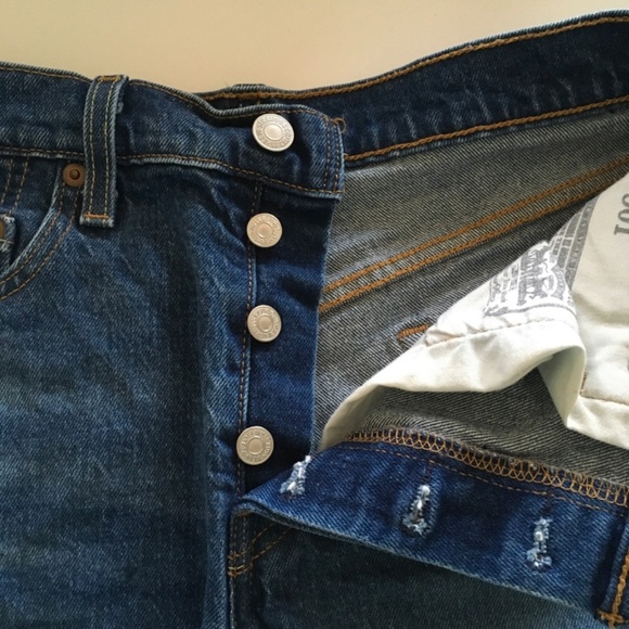Levis 501 Jeans Shorts Sz 27 Blue Button Fly High Rise Cut Off Raw Hem Mid Wash - Picture 6 of 14